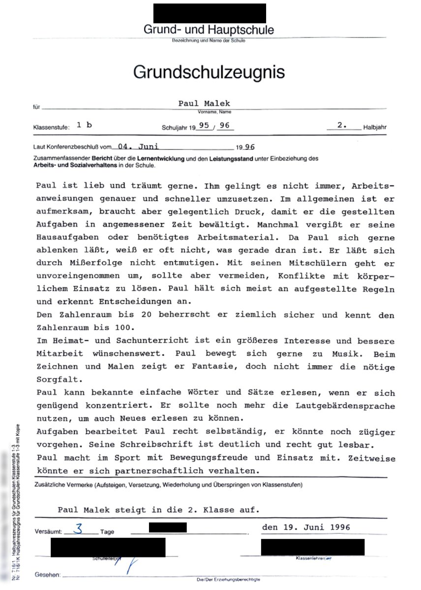 Pauls Grundschulzeugnis von 1996, ganze Seite, Schule und Unterschriften geschwärzt