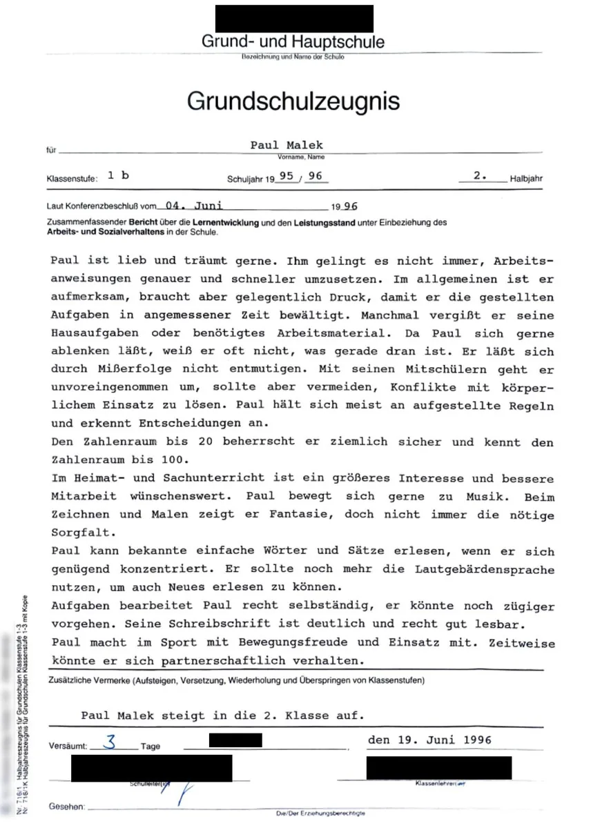 Pauls Grundschulzeugnis von 1996, ganze Seite, Schule und Unterschriften geschwärzt